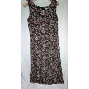 VTG 90s KATHIE LEE 12 Sleeveless Black Floral Red Midi Dress Granny Cottage Core
